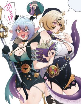 2girls asymmetrical_shorts bare_shoulders black_hair blonde_hair blush book breasts buttons choker cleavage cowboy_shot cowlick detached_sleeves ear_blush gluteal_fold goat_girl goat_horns hair_between_eyes halterneck high-waist_shorts highres holding holding_book holding_staff hood hood_down horizontal_pupils horns large_breasts leotard lucia_elowen mole mole_on_arm mole_under_mouth multicolored_eyes multicolored_hair multiple_girls open_mouth parted_lips pointy_ears purple_eyes shiny_skin shirt shorts simple_background single_thighhigh speech_bubble staff suction_cups surprised tentacle_tail tentacles thighhighs thought_bubble torn_clothes torn_thighhighs two-tone_hair v-shaped_eyebrows white_background wide-eyed yasiro_hayate yellow_eyes yidhari_murphy yuri zenless_zone_zero