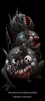 1other aqua_hair black_background black_jacket black_necktie black_pants blood collared_shirt e.g.o_(project_moon) employee_(project_moon) hammer highres holding holding_hammer intestines jacket lobotomy_corporation medium_hair monster mountain_of_smiling_bodies necktie nugget_(project_moon) open_mouth pants project_moon shirt simple_background smile_(e.g.o) teeth white_mask white_shirt yatsumeunagi