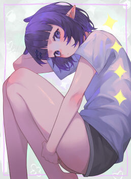 1girl absurdres black_shorts blunt_bangs bob_cut closed_mouth commentary hair_ornament hairclip highres hololive hololive_english kiwwwwwi looking_at_viewer lying ninomae_ina&#039;nis ninomae_ina&#039;nis_(loungewear) official_alternate_costume official_alternate_hair_length official_alternate_hairstyle on_side pointy_ears purple_eyes purple_hair shirt short_hair short_shorts shorts simple_background solo t-shirt virtual_youtuber white_shirt