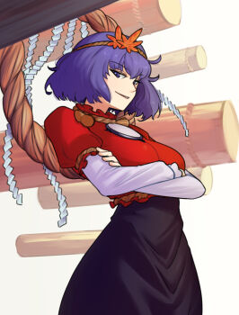 1girl black_skirt breasts clenched_teeth crossed_arms frills hair_ornament highres large_breasts layered_sleeves leaf leaf_hair_ornament long_skirt long_sleeves looking_at_viewer maple_leaf mirror onbashira puffy_long_sleeves puffy_sleeves purple_eyes purple_hair red_shirt rope shide shimenawa shirt short_hair short_over_long_sleeves short_sleeves sidelocks simple_background skirt smile solo spottylen teeth touhou white_background yasaka_kanako