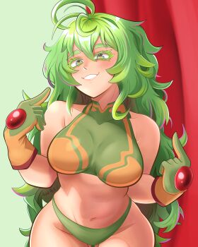 1girl absurdres acidart artist_name bare_shoulders blonde_hair boku_no_hero_academia breasts covered_collarbone deku&#039;s_photo_of_hagakure_toru female_focus gloves green_gloves green_hair green_panties green_shirt hagakure_toru hair_between_eyes highres long_hair looking_at_viewer medium_breasts multicolored_gloves multicolored_hair panties red_gloves shirt sleeveless sleeveless_shirt solo streaked_hair superhero_costume two-tone_hair underwear very_long_hair wavy_hair yellow_gloves