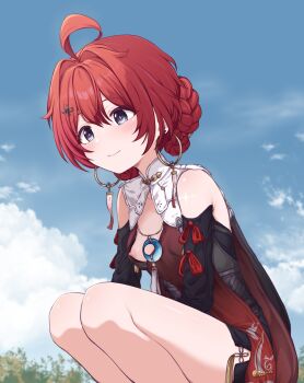1girl ahoge bare_shoulders blue_eyes blue_sky breast_slip breasts closed_mouth crescent crescent_necklace danjin_(wuthering_waves) day earrings folded_braid hair_between_eyes hair_ornament highres hoop_earrings jewelry lee_mae_hyang mandarin_collar necklace nipples outdoors red_hair red_tabard short_hair sky small_breasts smile solo squatting tabard wuthering_waves