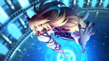 Rule 34 | 1girl, ahoge, artist request, blonde hair, boots, breasts, brown hair, closed mouth, collarbone, commentary, english commentary, from above, full body, game cg, gloves, gradient hair, grey gloves, highres, indoors, large breasts, long hair, magic, midriff, milla maxwell, multicolored hair, navel, official art, red eyes, shirt, skirt, smile, solo, standing, strapless, tales of (series), tales of crestoria, tales of xillia, taut clothes, taut shirt, third-party source, tube top, very long hair, water