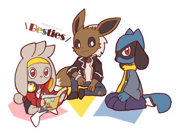 3boys animal_ears animal_hands artist_name black_footwear black_fur black_jacket black_shorts blue_fur blue_hakama blue_pants body_fur book bracelet brown_footwear brown_sclera child closed_mouth clothed_pokemon colored_sclera denim dot_mouth drawstring eevee english_text flame_print full_body furry furry_male gen_1_pokemon gen_4_pokemon gen_8_pokemon grey_kimono hakama happy headband headphones headphones_around_neck holding holding_book indian_style jacket japanese_clothes jeans jewelry kiki_(431642) kimono knee_up kneeling long_sleeves looking_at_viewer male_focus multiple_boys nintendo open_book open_clothes open_jacket pants personification pikachu pokemon pokemon_(creature) profile rabbit_boy rabbit_ears rabbit_tail raboot reading red_eyes red_jacket riolu sandals scarf seiza shirt shoes short_hair shorts simple_background sitting smile socks tail torn_clothes torn_pants twitter_username two-tone_fur watermark white_background white_eyes white_hair white_shirt white_socks wide_sleeves wolf_boy wolf_ears wolf_tail yellow_headband yellow_scarf zouri