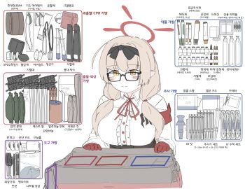 1girl bag bandages blue_archive bottle breasts brown_eyes brown_hair chinatsu_(blue_archive) epipen equipment_layout first_aid_kit flukhan frilled_shirt frills glasses gloves halo headband highres korean_text large_breasts latex latex_gloves long_hair neck_ribbon red_gloves ribbon shirt smile solo stethoscope syringe translation_request white_shirt