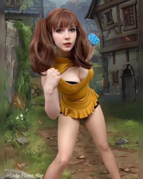 Rule 34 | 1girl, bare shoulders, breasts, brown hair, cleavage cutout, clothing cutout, cosplay, cosplay photo, diane (nanatsu no taizai), diane (nanatsu no taizai) (cosplay), gloves, highres, lady pizza hug, large breasts, long hair, looking at viewer, nanatsu no taizai, photo (medium), real life, shorts, single glove, sleeveless, twintails