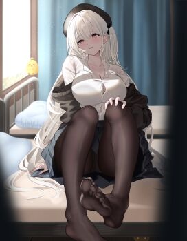 1girl azipou azur_lane black_hat black_jacket black_pantyhose black_skirt breasts button_gap cleavage collared_shirt hat highres indoors jacket large_breasts long_hair long_sleeves looking_at_viewer manjuu_(azur_lane) nail_polish official_alternate_costume on_bed one_side_up pantyhose pink_nails pleated_skirt red_eyes scylla_(azur_lane) scylla_(femme_fatale_fresher)_(azur_lane) shirt sitting skirt smile solo toes very_long_hair white_hair white_shirt