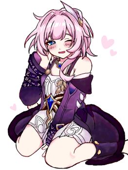 1girl bare_shoulders blue_eyes blush_stickers breasts coat commentary_request cyrene_(aedes_elysiae)_(honkai:_star_rail) cyrene_(honkai:_star_rail) dress hair_ornament highres honkai:_star_rail honkai_(series) jewelry looking_at_viewer mumm_36 necklace one_eye_closed pink_hair purple_coat short_hair simple_background sitting small_breasts solo wariza white_background white_dress