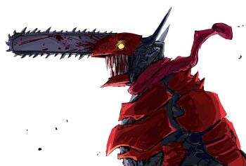 1boy blood bloody_weapon chainsaw chainsaw_devil chainsaw_man denji_(chainsaw_man) facing_to_the_side gigan_(gigan1024896) highres horns intestine_clothing intestines male_focus open_mouth organs scarf sharp_teeth simple_background teeth weapon