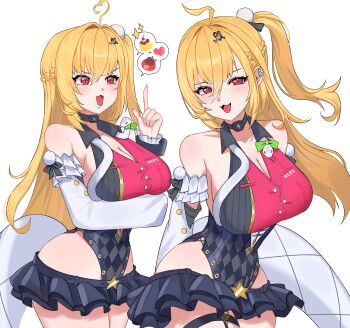 Rule 34 | 1girl, absurdres, ahoge, black skirt, blonde hair, breasts, chalky (zenless zone zero), cissia (zenless zone zero), commentary, detached sleeves, highres, large breasts, leotard, miniskirt, multicolored leotard, multiple views, nyan punch, open mouth, red eyes, simple background, skirt, snake, snake girl, snake tail, spoken food, tail, two-tone leotard, untranslatable commentary, white background, white snake, zenless zone zero