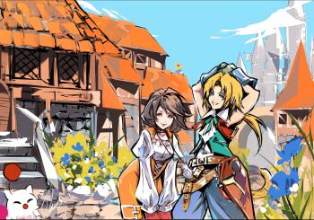 1boy 1girl absurdres aqua_ribbon aqua_vest arm_behind_head atelier_saya belt blonde_hair blue_eyes blue_pants bodysuit breasts brown_belt brown_eyes brown_hair building choker collared_shirt creature cropped_vest crystal final_fantasy final_fantasy_ix garnet_til_alexandros_xvii gloves grey_choker grey_gloves grin highres jewelry juliet_sleeves leaning_forward long_sleeves low_ponytail medium_breasts monkey moogle multiple_belts orange_bodysuit pants parted_bangs pendant ponytail puffy_long_sleeves puffy_sleeves red_gloves ribbon shirt sleeveless sleeveless_shirt smile swept_bangs teeth thigh_strap town upper_body v_arms vest white_shirt wrist_cuffs zidane_tribal