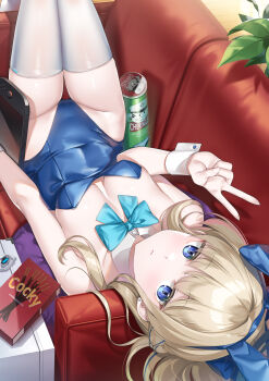 1girl absurdres animal_ear_hairband animal_ears aqua_bow aqua_bowtie blonde_hair blue_archive blue_bow blue_eyes blue_hairband blue_halo blue_leotard bow bowtie braid brand_name_imitation breasts closed_mouth commentary_request couch detached_collar expressionless fake_animal_ears food hairband half_up_braid halo handheld_game_console highleg highleg_leotard highres large_breasts leotard long_hair looking_at_viewer lying moti_ken official_alternate_costume official_alternate_hairstyle on_back on_couch playboy_bunny pocky pringles_can rabbit_ear_hairband rabbit_ears solo strapless strapless_leotard thighhighs toki_(blue_archive) toki_(bunny)_(blue_archive) v white_thighhighs white_wrist_cuffs wrist_cuffs