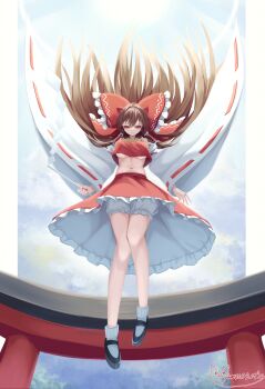 Rule 34 | 1girl, absurdres, ascot, black shoes, bloomers, bow, breasts, brown hair, clothes lift, commentary request, crop top, detached sleeves, frilled bow, frilled hair tubes, frills, full body, gohei, hair bow, hair tubes, hakurei reimu, highres, holding, holding gohei, large breasts, long hair, mary janes, navel, no bra, pennosuke, red bow, red eyes, red nails, red skirt, ribbon-trimmed sleeves, ribbon trim, shirt lift, shoes, signature, skirt, skirt lift, skirt set, socks, stomach, torii, touhou, underboob, underwear, white bloomers, white socks, wind, wind lift, yellow ascot