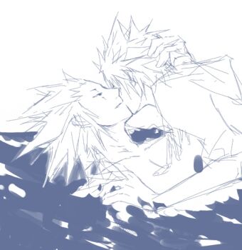 Rule 34 | 2boys, alternate costume, axel (kingdom hearts), blue theme, collarbone, commentary, english commentary, facial mark, hair slicked back, half-closed eyes, hand on another's head, hand on another's shoulder, hood, hood down, hoodie, illbewaiting, kingdom hearts, kingdom hearts ii, kiss, light smile, lying, lying on person, male focus, medium hair, monochrome, multiple boys, on back, parted lips, roxas, short hair, sketch, sleeves rolled up, solo, spiked hair, topless male, upper body, white background, yaoi