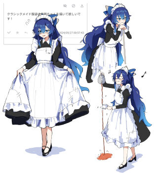 1girl absurdres alternate_costume apron beamed_eighth_notes black_dress black_footwear blue_bow blue_eyes blue_hair bow closed_eyes commentary_request decantering dress eighth_note enmaided flying_sweatdrops frown full_body hair_bow highres holding holding_kettle holding_saucer kaminose_(user_veum4325) kettle long_hair long_sleeves maid maid_apron maid_headdress multiple_views musical_note patchwork_clothes pouring saucer skirt_hold smile standing touhou very_long_hair wavy_hair white_apron white_background yorigami_shion