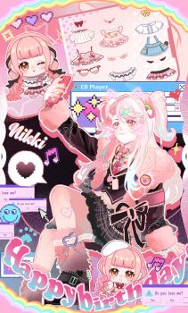 Rule 34 | 1girl, absurdres, animal ears, armband, badge, bandaid, bandaid on leg, bead bracelet, bead necklace, beads, belt, belt buckle, black belt, black jacket, black ribbon, black shoes, black vest, bloom poetry (shining nikki), bracelet, brown eyes, buckle, cat ears, cellphone, character name, chibi, closed mouth, collared shirt, drawn ears, drawn whiskers, dress-up, english text, frilled ribbon, frilled shirt, frilled skirt, frills, fur-trimmed jacket, fur-trimmed sleeves, fur leg warmers, fur trim, grey skirt, gyaru, hair ornament, hair scrunchie, hairclip, happy birthday, heart, heart-shaped bandaid, heart-shaped buckle, heart hair ornament, highres, holding, holding phone, infinity nikki, jacket, jewelry, knee up, leg belt, leg warmers, light blush, loafers, long hair, long sidelocks, long sleeves, looking at object, miniskirt, miracle nikki, multicolored hair, multiple views, musical note, necklace, necktie, nikki (nikki), nikki (series), nikki up2u2: world traveller, one eye closed, open clothes, open jacket, outstretched arm, paw print, perfect start (infinity nikki), phone, pink arm warmers, pink armband, pink background, pink hair, pink leg warmers, pink necktie, pink scrunchie, pink shirt, plaid clothes, plaid necktie, plaid skirt, playing games, pleated skirt, rainbow hair ornament, ribbon, rosie sweetheart (infinity nikki), scrunchie, shining nikki, shirt, shoe belt, shoes, sidelocks, sijiu 49, sitting, skirt, smartphone, smile, sparkle, speech bubble, split-color hair, spoken heart, star (symbol), star hair ornament, transparent belt, two side up, very long hair, vest, waist ribbon, wavy hair, white belt, window (computing), x hair ornament, y2k fashion