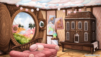 bungou_to_alchemist bush candy candy_jar chocolate cloud cookie copyright_notice couch cupcake day doll_house drawer food food-themed_pillow gelatin house_of_candy indoors jar macaron marshmallow meringue mobile no_humans official_art open_door poster_(object) river round_door scenery snow sprinkles sweets_house themed_object tree wafer