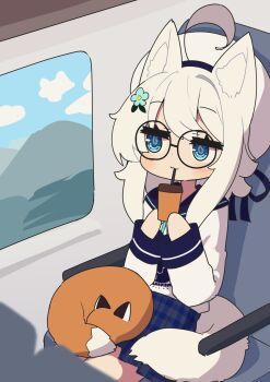 Rule 34 | 1girl, ahoge, animal, animal ear fluff, animal ears, animal on lap, beret, blue eyes, blue sailor collar, blue sky, cloud, commentary request, cup, day, disposable cup, drinking straw, fox, fox ears, fox girl, fox tail, grey skirt, hat, highres, holding, holding cup, long hair, long sleeves, on lap, original, plaid clothes, plaid skirt, pleated skirt, sailor collar, saisoku no yukkuri, shirt, sitting, skirt, sky, solo, tail, train interior, white hair, white hat, white shirt