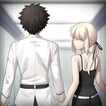 1boy 1girl artoria_pendragon_(fate) belt besmiled black_belt black_ribbon black_shirt blurry blurry_background closed_mouth collared_shirt commentary_request fate/grand_order fate_(series) from_behind fujimaru_ritsuka_(male) hair_ribbon highres holding_hands indoors long_hair long_sleeves looking_at_viewer looking_back ponytail ribbon saber_alter saber_alter_(ver._shinjuku_1999) shirt short_hair shoulder_blades sidelocks stray_pubic_hair walking white_belt white_shirt yellow_eyes