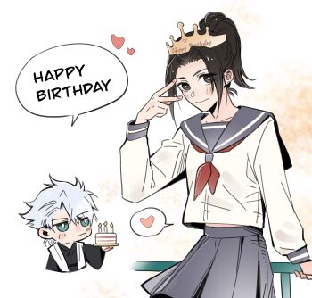 Rule 34 | 1boy, 1girl, :/, aqua eyes, black eyes, black hair, bleach, bleach: sennen kessen-hen, cake, chibi, chibi inset, commentary, english commentary, food, grey hair, haori, happy birthday, heart, high ponytail, highres, hitsugaya toushirou, holding, holding cake, holding food, japanese clothes, kurosaki karin, miniskirt, pleated skirt, ponytail, railing, school uniform, serafuku, shihakusho, silegesi, skirt, spoken star, star (symbol), taichou haori, tiara, v
