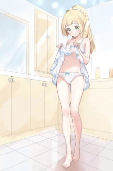 1girl absurdres barefoot bathroom blonde_hair bow bow_panties braid breasts chemise clothes_lift covered_erect_nipples dress dress_lift feet female_focus full_body green_eyes high_ponytail highres indoors lillie_(pokemon) loli long_hair looking_down mirror navel nintendo panties pokemon pokemon_sm ponytail ponytail_with_braided_base shirokumaru_(yafm7388) small_breasts smile solo standing sundress thigh_gap tile_floor tiles underwear white_chemise white_dress white_panties