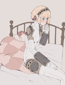 2girls absurdres aigis_(persona) android blonde_hair blue_eyes blush breasts brown_hair hickey highres implied_after_sex joints lying multiple_girls on_bed on_side persona persona_3 persona_3_portable ponytail robot_joints shiomi_kotone short_hair sleeping small_breasts tbjj1208 yuri