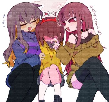 1boy 2girls age_difference alternate_hair_length_(longer) blue_sweater blush bra breasts brown_hair chara_(undertale) collared_sweater commentary_request covering_privates deltarune fake_horns frisk_(undertale) genderswap genderswap_(otf) genderswap_(otm) genderswap_on_genderswap green_sweater grey_shorts highres horns huge_breasts kris_(deltarune) long_hair long_sleeves looking_at_another looking_down mature_female mr0x0 multicolored_hair multiple_girls off-shoulder_sweater off_shoulder onee-shota open_mouth red_eyes shirt short_hair shorts shota simple_background smile striped_clothes striped_sweater sweat sweatdrop sweater too_many_watermarks two-tone_sweater undertale underwear utdr_(toby_fox) watermark watermark_grid