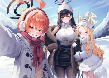3girls ahoge bare_shoulders beanie black_hair blonde_hair blue_archive earmuffs hair_ornament hairclip halo hat highres kottungyang landscape looking_at_viewer millennium_science_school_logo multiple_girls neru_(blue_archive) orange_hair pencil_skirt red_eyes rio_(blue_archive) seia_(blue_archive) sidelocks skirt smile