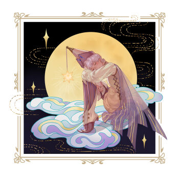 1boy brown_shorts brown_vest closed_eyes cloud commentary_request fatlulu_(1008) highres knees_to_chest moon original pointy_boots puffy_shorts robe_and_wizard_hat short_hair shorts solo star_(symbol) vest white_hair