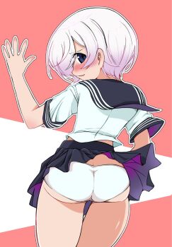1girl ass black_sailor_collar black_skirt blue_eyes blush character_request clothes_lift commentary_request copyright_request cowboy_shot from_behind hand_up highres kobawan_dam looking_at_viewer panties parted_lips pink_hair pleated_skirt sailor_collar school_uniform serafuku shirt short_hair skirt skirt_lift solo two-tone_background underwear white_panties white_shirt