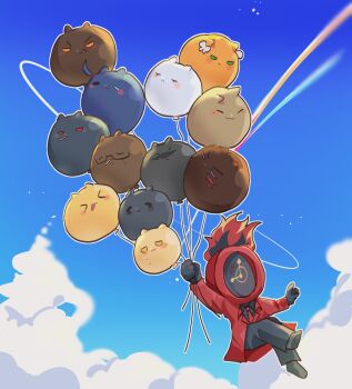 1other ambiguous_gender animalization balloon black_gloves blue_sky clock cloud coat commentary dante_(limbus_company) don_quixote_(project_moon) faust_(project_moon) gloves gre_gre3 gregor_(project_moon) heathcliff_(project_moon) highres hong_lu_(project_moon) ishmael_(project_moon) limbus_company long_sleeves meursault_(project_moon) object_head outis_(project_moon) outline project_moon red_coat rodion_(project_moon) ryoshu_(project_moon) sinclair_(project_moon) sky symbol-only_commentary white_outline yi_sang_(project_moon)