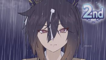 1girl animal_ears black_hair brown_hair closed_mouth coat collared_shirt earrings eye_twitch feather_earrings feathers highres horse_ears horse_girl jewelry looking_at_viewer multicolored_hair ponytail rain reze&#039;s_eye_twitch_(chainsaw_man) shiraki_ken shirt solo stay_gold_(umamusume) umamusume wet white_hair