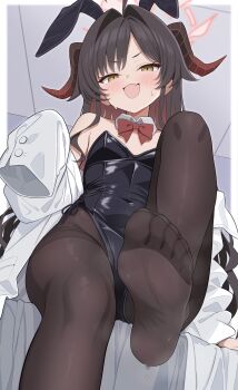 1girl :d ahoge alternate_costume animal_ear_hairband animal_ears bare_shoulders black_leotard blue_archive blush border bow bowtie brown_hair brown_horns brown_pantyhose coat coat_partially_removed colored_inner_hair covered_navel demon_horns detached_collar fake_animal_ears fang feet flat_chest foot_focus foot_out_of_frame from_below hair_intakes hairband halo hand_up highleg highleg_leotard highres horns indoors kasumi_(blue_archive) knee_up lab_coat leotard loli long_hair long_sleeves looking_at_viewer looking_down multicolored_hair on_ura358 open_mouth outside_border pantyhose playboy_bunny presenting_own_foot rabbit_ears red_bow red_bowtie red_hair red_halo red_horns see-through_clothes see-through_legwear single_sleeve_past_fingers sitting skin_fang sleeves_past_fingers sleeves_past_wrists smile soles solo steaming_body strapless strapless_leotard sweat sweatdrop thighband_pantyhose toes very_long_hair white_border white_coat yellow_eyes