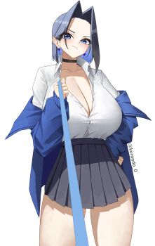 1girl absurdres alternate_costume black_choker black_skirt blue_eyes blue_hair bow bow_earrings breasts button_gap choker cleavage closed_mouth collared_shirt colored_inner_hair commentary cowboy_shot earrings english_commentary fanged_bangs hair_flaps hair_intakes hand_on_own_hip highres holding hololive hololive_english huge_breasts jacket jewelry kuraodo_0 leash leash_pull looking_at_viewer miniskirt multicolored_hair off_shoulder open_clothes open_jacket ouro_kronii partially_unbuttoned pov school_uniform shirt shirt_tucked_in short_hair simple_background skirt solo viewer_on_leash virtual_youtuber white_background white_shirt