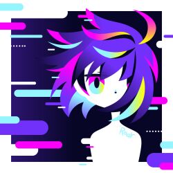 Rule 34 | 1girl, ahoge, commentary request, covered mouth, gradient background, gradient hair, hair over one eye, highres, hotate oishii, jitome, looking at viewer, multicolored eyes, multicolored hair, nude, original, purple hair, short hair, signature, solo, upper body