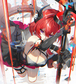 Rule 34 | 1girl, arknights, arknights: endfield, bare shoulders, black gloves, black horns, black tail, breasts, cleavage, closed mouth, commentary request, elbow gloves, gloves, hair between eyes, horns, laevatain (arknights), large breasts, looking at viewer, red hair, scottie (phantom2), solo, surtr (arknights)