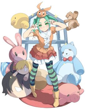 1girl aqua_hair aqua_thighhighs araragi_koyomi black_thighhighs boots character_doll check_copyright closed_mouth commentary_request copyright_request doll double_v dress full_body green_eyes hands_up hat highres looking_at_viewer medium_hair monogatari_(series) onabe915 ononoki_yotsugi orange_dress orange_hat oshino_shinobu pantyhose parted_bangs short_sleeves simple_background solo standing striped_clothes striped_pantyhose stuffed_animal stuffed_toy thick_eyebrows thighhighs twintails v white_background yellow_boots