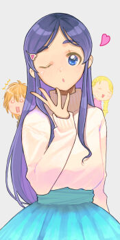 3girls blonde_hair blue_eyes blue_skirt blush commentary_request eyelashes futari_wa_precure futari_wa_precure_max_heart grey_background hair_ornament hairclip heart highres jj_(ssspulse) kujou_hikari long_hair looking_at_viewer misumi_nagisa multiple_girls one_eye_closed orange_hair precure purple_hair short_hair simple_background skirt smile standing sweater yukishiro_honoka