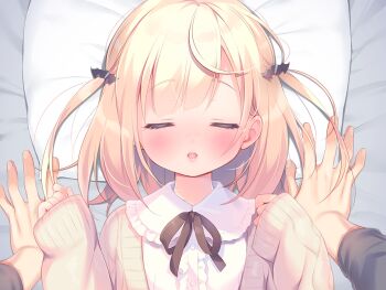 1boy 1girl bat_hair_ornament blonde_hair cardigan closed_eyes collared_shirt couple facing_viewer game_cg hair_ornament hetero large_variant_set loli long_sleeves lying mainichi_kiss_shite_lolita mihato_(mainichi_kiss_shite_lolita) neck_ribbon non-web_source on_back open_mouth pillow piyodera_mucha pov pov_hands ribbon shirt short_hair sleeves_past_wrists solo_focus two_side_up upper_body variant_set