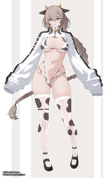 1girl animal_ears animal_print bell bikini black_shoes braid braided_ponytail breasts brown_eyes brown_hair commentary cow_ears cow_girl cow_horns cow_print cow_print_bikini cow_print_thighhighs cowbell full_body highres horns jjune large_breasts long_hair long_sleeves looking_at_viewer navel original print_bikini print_thighhighs shoes shrug_(clothing) sleeves_past_fingers sleeves_past_wrists solo standing stomach swimsuit symbol-only_commentary thighhighs thighs very_long_hair white_bikini