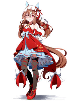 Rule 34 | 1girl, animal ears, arms behind back, black thighhighs, blue bow, blush, bow, bright pupils, brown hair, closed mouth, collarbone, commentary request, detached sleeves, dress, ear covers, ear ribbon, full body, hair between eyes, high heels, hiro (pqtks113), horse ears, horse girl, horse tail, long hair, looking at viewer, red dress, red eyes, red shoes, shoes, simple background, smile, solo, still in love (scarlet vow raiment) (umamusume), still in love (umamusume), tail, thighhighs, umamusume, veil, white background, white bow, white pupils, white veil