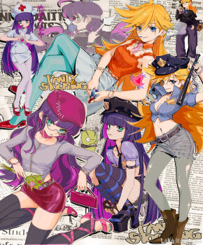 2girls absurdres ahoge armlet bag bare_shoulders baseball_bat belt beret bilibili_username black_hat black_shoes black_thighhighs blonde_hair blue_eyes blue_eyeshadow blue_lips blue_nails blue_pantyhose blue_thighhighs blunt_bangs boots bracelet breasts brown_belt chinese_commentary collage collarbone colored_inner_hair commentary_request copyright_name cowboy_boots crop_top cuffs deejey0126 denim denim_skirt dress earrings eyeshadow fingernails full_body green_eyes grey_pantyhose hair_between_eyes handcuffs hat heart heart_hands high_heels highres hime_cut holding holding_bag holding_baseball_bat hoop_earrings index_fingers_raised jewelry long_fingernails long_hair long_sleeves looking_at_viewer makeup matching_outfits medium_breasts multicolored_hair multiple_girls multiple_rings multiple_views navel necktie nurse orange_shirt panty_&amp;_stocking_with_garterbelt panty_(psg) pantyhose pink_hair pink_hat pink_necktie police police_badge police_hat police_uniform purple_hair purple_shirt red_bag red_shoes red_skirt ring semi-rimless_eyewear shirt shoes short_sleeves siblings sidelocks sisters sitting skirt sleeveless sleeveless_shirt squatting standing stocking_(psg) strappy_heels striped_clothes striped_thighhighs thighhighs toes torn_clothes torn_pantyhose very_long_hair white-framed_eyewear white_dress white_pantyhose zipper