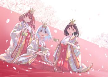 3girls amagami-san_chi_no_enmusubi amagami_asahi amagami_yae amagami_yuna black_hair blue_eyes blue_hair chihaya_(clothing) closed_mouth commentary_request falling_petals green_eyes hakama hakama_skirt highres holding japanese_clothes kneeling kosode light_blush long_hair looking_at_viewer marcey medium_hair miko multiple_girls object_request official_alternate_hair_length official_alternate_hairstyle official_art open_mouth petals pink_petals red_background red_eyes red_hair red_hakama saishi second-party_source siblings sisters skirt smile two-tone_background white_background
