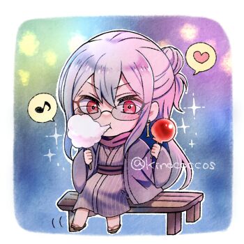 1boy bench candy_apple chibi chibi_only cotton_candy double-parted_bangs food geta glasses grey_hair hair_bun half_updo heart highres holding holding_candy_apple holding_cotton_candy holding_food ichinose_kazuma japanese_clothes kimono kinococcos long_hair male_focus musical_note on_bench red_eyes sitting solo spoken_heart spoken_musical_note tribe_nine twitter_username yukata