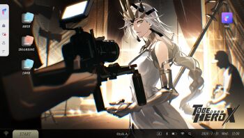 1girl 2others absurdres app_icon armor backlighting braid breasts camera chinese_commentary commentary_request copyright_logo cowboy_shot crown curtains dress elbow_gloves expressionless fake_screenshot gloves highres holding holding_camera logo long_hair mixed-language_commentary multiple_others official_art out_of_frame promotional_art queen_(to_be_hero_x) silhouette sparkle stage taking_picture to_be_hero to_be_hero_x tripod white_dress white_hair yellow_eyes