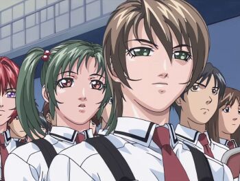 00s 2002 6+boys 6+girls animated animated_gif bible_black bible_black_gaiden bow bowtie breasts brown_hair green_eyes green_hair large_breasts morita_rie multiple_boys multiple_girls necktie purple_eyes red_hair school school_assembly school_hall school_uniform shido_saki shirt shirts short_hair sitting tagme takashiro_hiroko twintails white_shirt