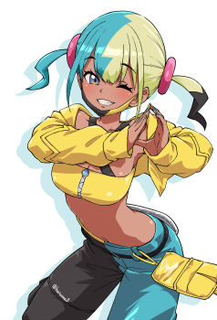 1girl absurdres aqua_hair aqua_nails aqua_pants asanaya bandeau black_hair blonde_hair blue_eyes breasts canari_(pokemon) clenched_teeth commentary_request dark-skinned_female dark_skin fingernails highres jacket looking_at_viewer mask mask_pull medium_breasts midriff mouth_mask multicolored_hair nail_polish navel nintendo one_eye_closed pants pokemon pokemon_legends:_z-a simple_background smile solo standing teeth twintails white_background yellow_bandeau yellow_jacket