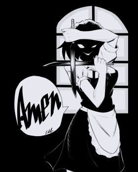 1girl absurdres apron bayonet black_background black_dress breasts crossed_swords dress dual_wielding english_text glowing glowing_eyes grin hellsing highres holding holding_knife holding_weapon ikhonethe1 izayoi_sakuya knife looking_at_viewer maid maid_apron maid_headdress monochrome puffy_short_sleeves puffy_sleeves scene_reference shaded_face short_hair short_sleeves smile solo speech_bubble sword touhou waist_apron weapon white_apron window