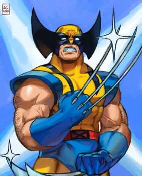 1boy arm_hair black_mask blank_eyes blue_background blue_gloves bodysuit claw_(weapon) clenched_hands clenched_teeth cowboy_shot facial_hair frown glint gloves highres looking_at_viewer male_focus marvel multicolored_bodysuit muscular muscular_male overlord_jc stubble superhero_costume teeth two-tone_bodysuit two-tone_mask veins veiny_arms weapon wolverine_(x-men) x-men yellow_bodysuit yellow_mask