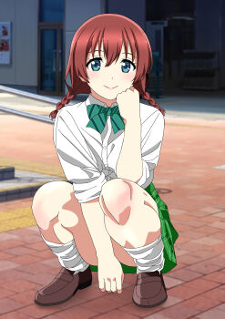 1girl absurdres aqua_eyes between_legs blush braid brown_hair brown_shoes closed_mouth commentary_request emma_verde freckles green_skirt hair_between_eyes hand_between_legs highres long_hair looking_at_viewer loose_socks love_live! love_live!_nijigasaki_high_school_idol_club low_twin_braids outdoors photo_background pleated_skirt rainen_no_natsu_mo school_uniform shirt shoes skirt sleeves_rolled_up smile socks solo squatting thighs twin_braids white_shirt white_socks